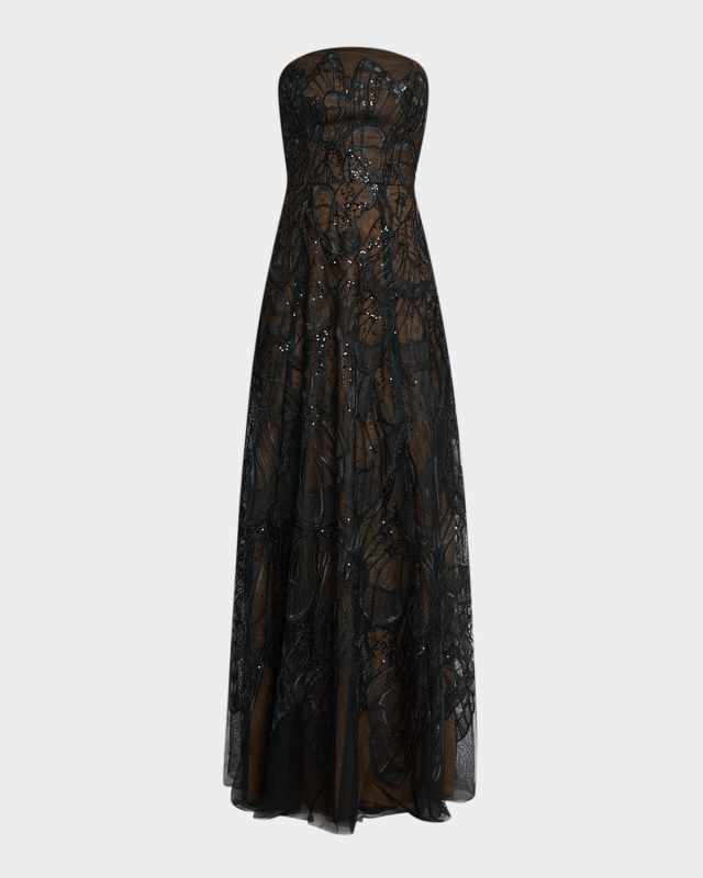 Strapless Sequin Embroidered Gown